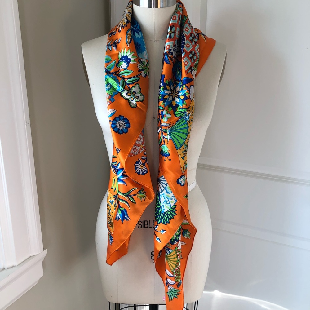 Orange Blue Silk Fan Print Square Scarf Wrap